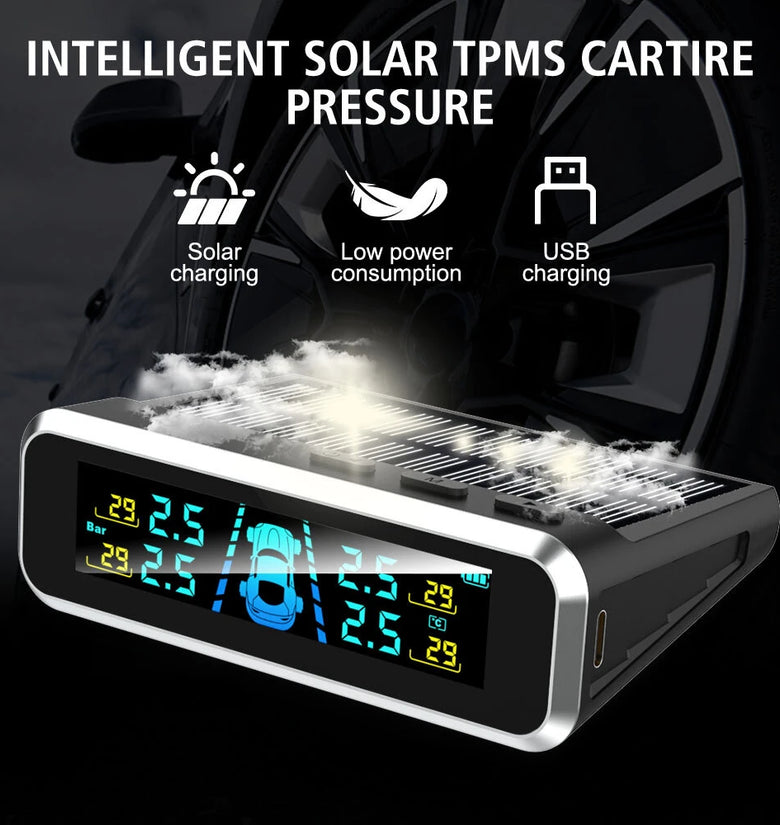 Solar Charging TPMS Car Tire Pressure Monitoring System Digital LCD Display Four-wheel Pressure Real-time Monitorings