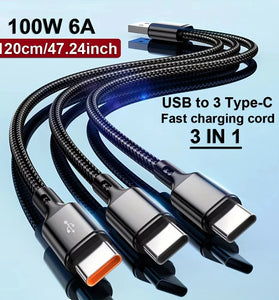 6A 100W USB-A to Type-C+Type-C+Type-C Cable Fast Charging Data Transmission Copper Core Line 0.2M/1.2M Long for iPhone 16 16 Pro 15 14 for Samsung Galaxy S25 for Xiaomi 15 Ultra