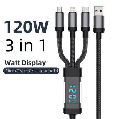 120W USB-A to iP/Type-C/Micro USB Digital Display Cable PD Fast Charging Data Transmission Tinned Copper Core Line 1.2M/2M Long for iPhone 16 15 Pro 14 13 Pro Max for Huawei Pura 80 Ultra for Xiaomi MIX Flip 2