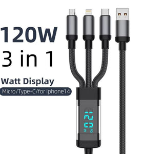 120W USB-A to iP/Type-C/Micro USB Digital Display Cable PD Fast Charging Data Transmission Tinned Copper Core Line 1.2M/2M Long for iPhone 16 15 Pro 14 13 Pro Max for Huawei Pura 80 Ultra for Xiaomi MIX Flip 2