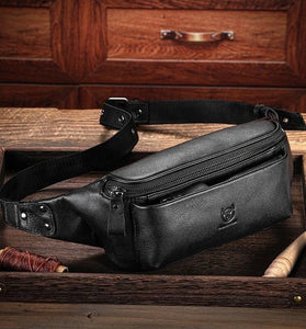 BULLCAPTAIN Men's Genuine Leather Fanny Bag Adjustable Strap Waist Bag Retro Crossbody Chest Bag