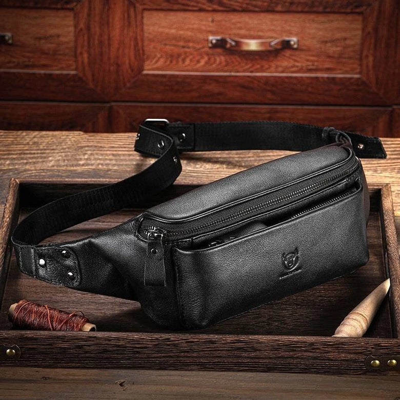 BULLCAPTAIN Men's Genuine Leather Fanny Bag Adjustable Strap Waist Bag Retro Crossbody Chest Bag