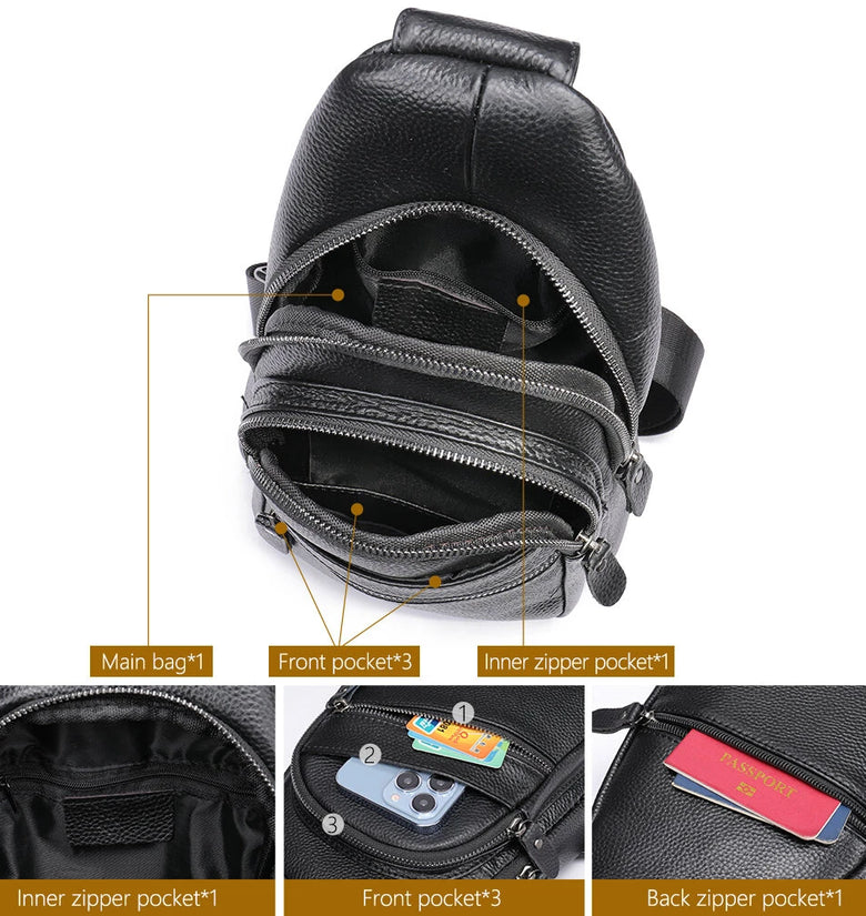 Ekphero Men Genuine Leather Chest Pack Casual Sport Sling Shoulder Backpack Fashion Crossbody Bags Black Travel Chest Bag