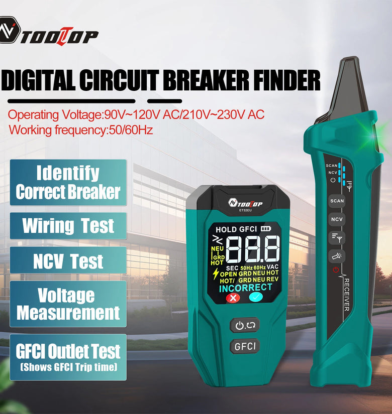 AV TOOLTOP ET32 Digital Circuit Breaker Finder Adjustable Sensitivity GFCI Testing NCV Voltage Tester Rechargeable Lithium Battery for Electrical Safety Inspection