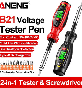 ANENG B21 Non Contact Voltage Tester Pen AC 30V-1000V Type-C Rechargeable 2 In 1 Digital Display Screwdriver Breakpoint Lookup Live Wire Identification