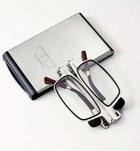 2 in 1 Portable Folding Reading Glasses with Metal Glasses Case Mobile Phone Holder HD Anti-Fatigue Anti-blue Light Presbyopic Glasses