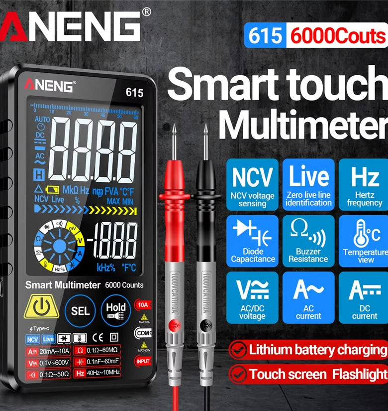 Aneng 615 Smart Multimeter 6000 Counts AC DC Voltage Current Tester Temperature View Lithium Battery Rechargeable Touchscreen High Precision Portable Electrical Measuring Device