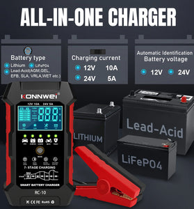 KONNWEI 12V 10A & 24V 5A Smart Automatic Battery Charger  & Pulse Repair Tool 100-240V/50-60Hz