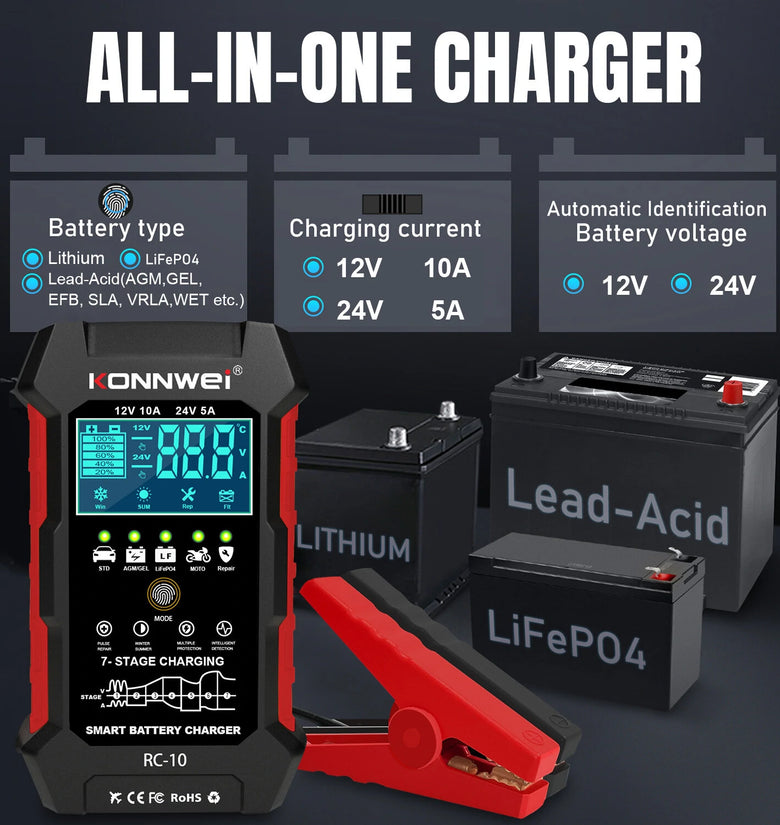 KONNWEI 12V 10A & 24V 5A Smart Automatic Battery Charger  & Pulse Repair Tool 100-240V/50-60Hz