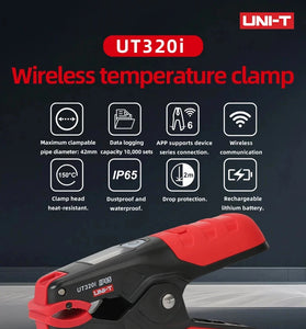UNI-T UT320i Wireless Temperature Clamp -50C to 150C Temperature Range APP LCD Screen 10,000 records Data Storage High Precision 05C Waterproof IP65 Rechargeable Battery HVAC Tools