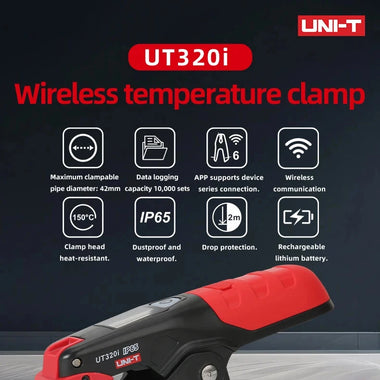 UNI-T UT320i Wireless Temperature Clamp -50C to 150C Temperature Range APP LCD Screen 10,000 records Data Storage High Precision 05C Waterproof IP65 Rechargeable Battery HVAC Tools