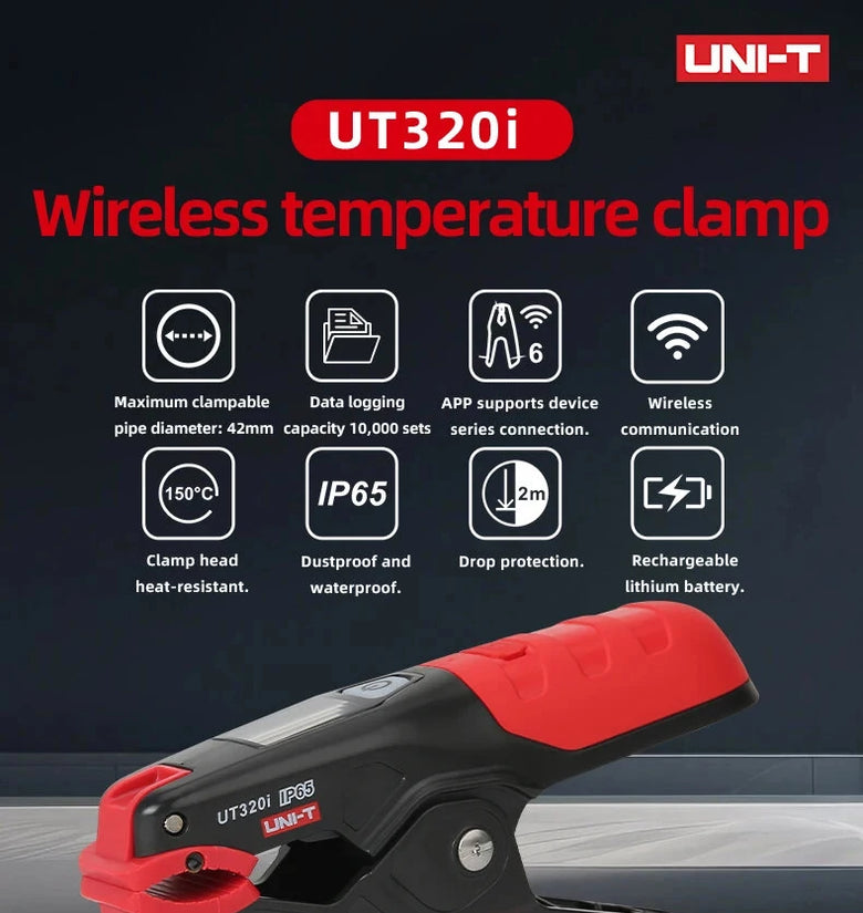 UNI-T UT320i Wireless Temperature Clamp -50C to 150C Temperature Range APP LCD Screen 10,000 records Data Storage High Precision 05C Waterproof IP65 Rechargeable Battery HVAC Tools