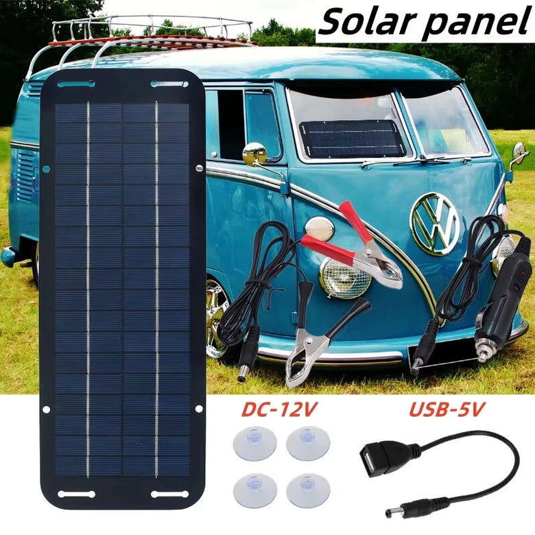 12V Solar Panel 6W Portable Flexible Solar Charger Kit with USB 5V DC Output for Car Camping Hiking Phones Power Banks Battery Charging CigaretteLighter Suction Cups