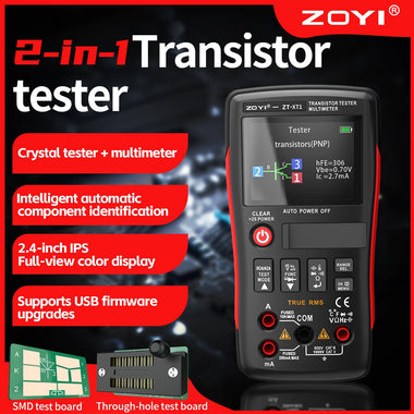 ZOYI ZT-XT1 2-in-1 Transistor Tester Kit Crystal tester Multimeter True RMS 2.4 Inch IPS Screen Resistors Capacitors Diodes MOSFETs Zener Temperature Sensors Semiconductor Testing Supports USB firmware upgrades