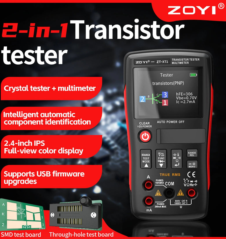 ZOYI ZT-XT1 2-in-1 Transistor Tester Kit Crystal tester Multimeter True RMS 2.4 Inch IPS Screen Resistors Capacitors Diodes MOSFETs Zener Temperature Sensors Semiconductor Testing Supports USB firmware upgrades