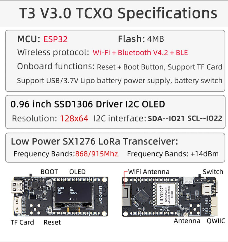 LILYGO T3 V3.0 TCXO LoRa SX1276 ESP32 WiFi Bluetooth Module 0.96 Inch OLED Display 4MB Flash Low Power Frequency Bands IoT Development Board