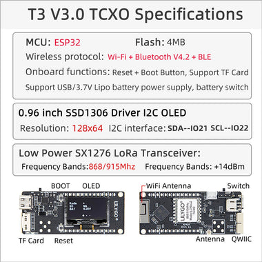 LILYGO T3 V3.0 TCXO LoRa SX1276 ESP32 WiFi Bluetooth Module 0.96 Inch OLED Display 4MB Flash Low Power Frequency Bands IoT Development Board