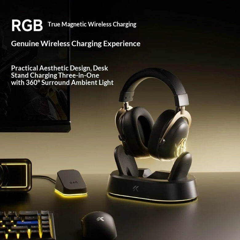 MCHOSE V9 Turbo+ Tri-mode Gaming Headset bluetooth Headphone with RGB Magnetic Wireless Charger 60mm Powerful Dynamic Driver 7.1 Panoramic Surround Sound 2000mAh Battery Low Delay Gamer Headphones with AI Pickup Noise Cancelling Mic