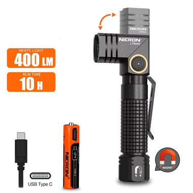 Nicron L74 Mini Tiny 400 Lumens Tactical EDC Flashlight L-shape LED Torch Rechargeable with Magnet 90 Degree IP65 Waterproof Led Pocket Light