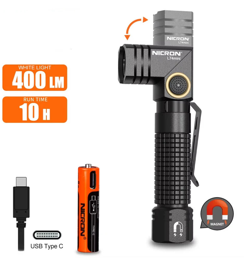 Nicron L74 Mini Tiny 400 Lumens Tactical EDC Flashlight L-shape LED Torch Rechargeable with Magnet 90 Degree IP65 Waterproof Led Pocket Light