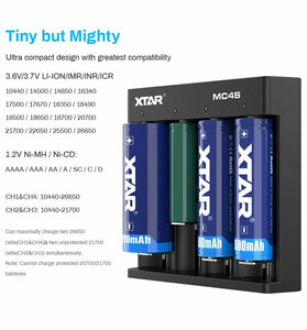 XTAR MC4S USB Type-C Input Li-ion & Ni-MH Battery AAA AA Charger 4-slot Battery Charger for 3.6V 3.7V Flashlight's 18650 26650 1.2V Ni-MH Ni-CD Household Batteries