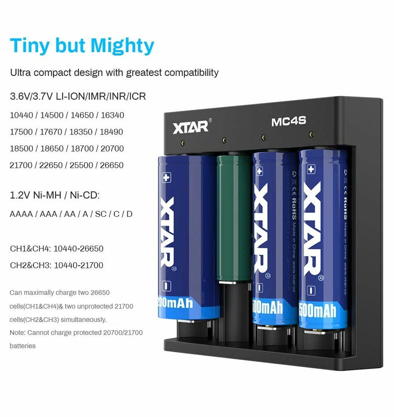 XTAR MC4S USB Type-C Input Li-ion & Ni-MH Battery AAA AA Charger 4-slot Battery Charger for 3.6V 3.7V Flashlight's 18650 26650 1.2V Ni-MH Ni-CD Household Batteries