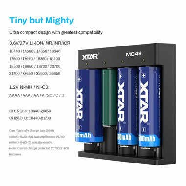 XTAR MC4S USB Type-C Input Li-ion & Ni-MH Battery AAA AA Charger 4-slot Battery Charger for 3.6V 3.7V Flashlight's 18650 26650 1.2V Ni-MH Ni-CD Household Batteries