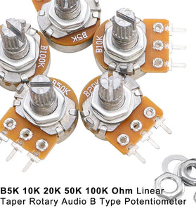 60PCS WH148 Potentiometer Switch Kit B5K/10K/20K/50K/100K Ohm 15mm Shaft with Black/Silver/Golden Knobs for Audio Control Electronic Projects