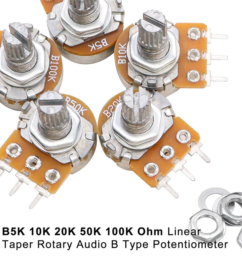 60PCS WH148 Potentiometer Switch Kit B5K/10K/20K/50K/100K Ohm 15mm Shaft with Black/Silver/Golden Knobs for Audio Control Electronic Projects