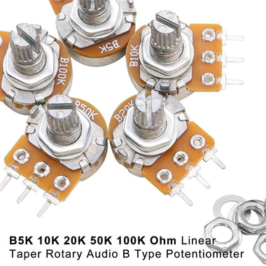 60PCS WH148 Potentiometer Switch Kit B5K/10K/20K/50K/100K Ohm 15mm Shaft with Black/Silver/Golden Knobs for Audio Control Electronic Projects