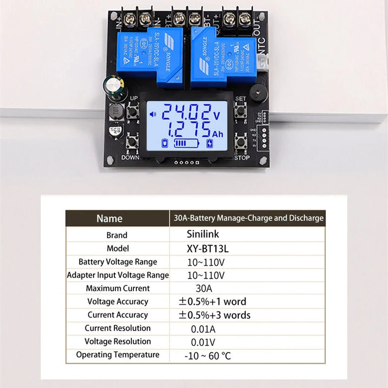 sinilink coulombmeter Battery Charge Discharge Module BT11L/BT13L/BT11 10V-110V 10A Lithium Battery Management High Accuracy Voltage Current Monitoring Stable Operation