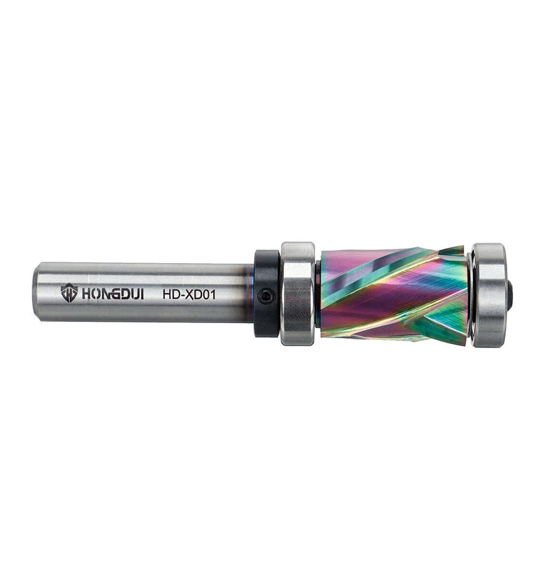 HONGDUI Flush Trim Router Bit 1/2 inch Shank 7/8 inch Cutting Diameter Compression Spiral Top & Bottom Bearing Spiral Router Bit Set DLC ta-C coated Double Bearings Pattern Bit For Woodworking