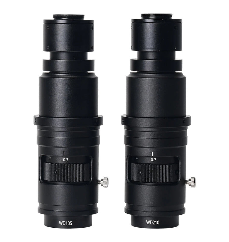 HAYEAR WD105 WD210 Microscope C Mount Zoom Lens 0.7X-5X Magnification Continuously Variable Zoom Lens 105mm/ 210mm Working Distance for Inspection Electronic Repair Soldering