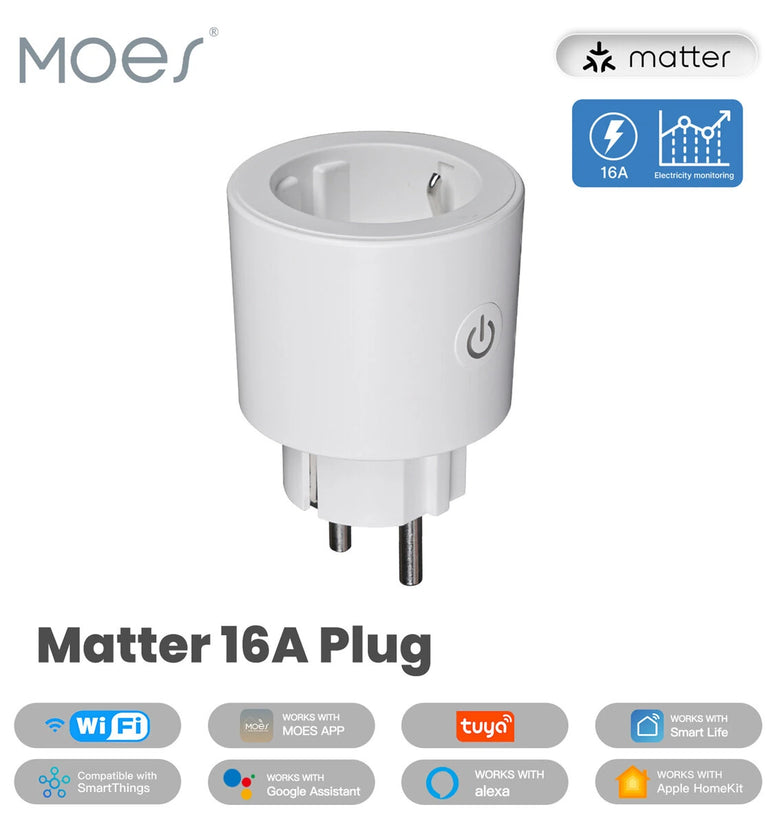 MOES Tuya Smart Matter Plug WiFi Socket 16A Outlet Power Monitor Remote Control Voice Control Work with Alexa Google Assistant