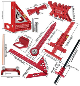 10pcs Aluminum Alloy Woodworking Square Kit CNC Laser Engraved Multi-Angle Ruler Compass Scriber Tenon Gauge Sharpening Tool Drawing Layout Panel Splicing Accessories