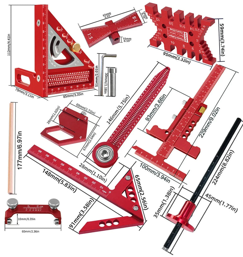 10pcs Aluminum Alloy Woodworking Square Kit CNC Laser Engraved Multi-Angle Ruler Compass Scriber Tenon Gauge Sharpening Tool Drawing Layout Panel Splicing Accessories