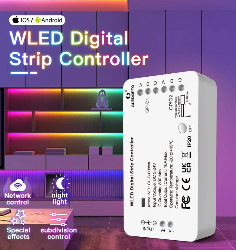 GLEDOPTO WLED Strip Light Controller 5-24V WS2812B WS2811 SK6812 TM1814 WS2813 WS2815 RGBIC LED Digital Strip Wifi Controller