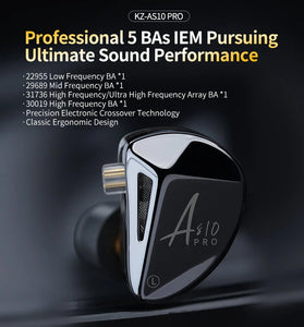 KZ AS10 PRO Wired Earphone 5BA IEMs Bass Stereo HiFi Monitor with Silver-plated Detachable Audio Cable 3.5mm Jack Earbuds Headphones
