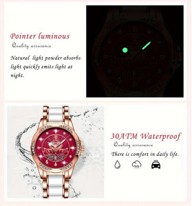 POEDAGAR Women's Luxury Rhinestones Swan Quartz Watch Waterproof Luminous Fashion Date Dial Analog Ceramic Band Wrist Watch