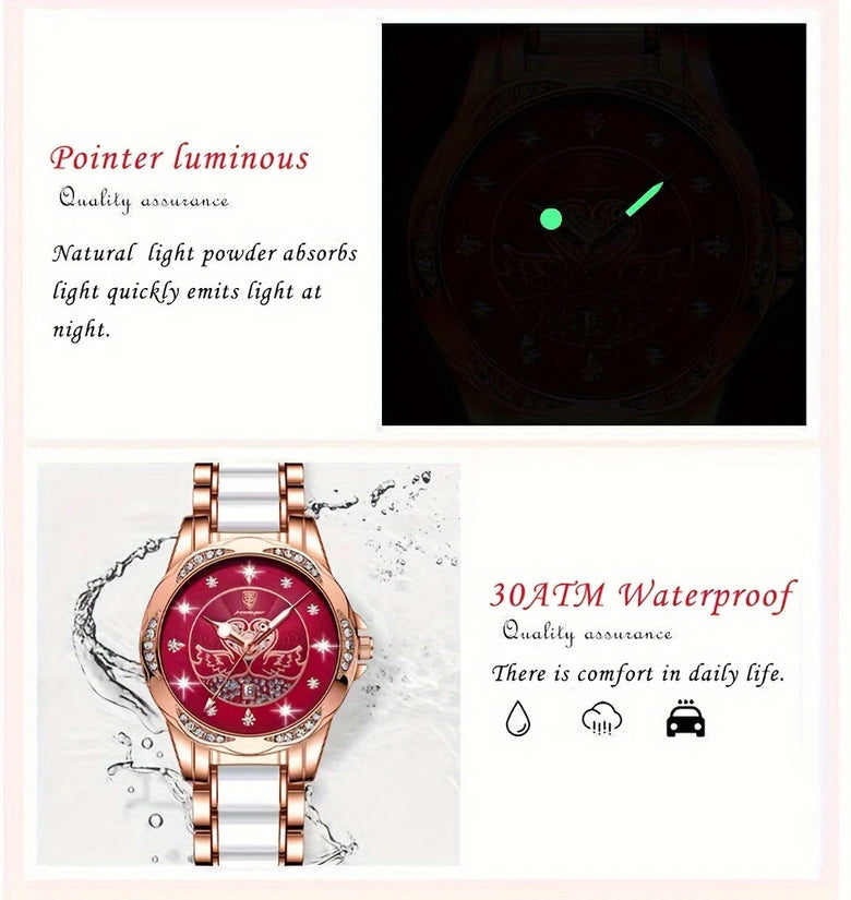 POEDAGAR Women's Luxury Rhinestones Swan Quartz Watch Waterproof Luminous Fashion Date Dial Analog Ceramic Band Wrist Watch
