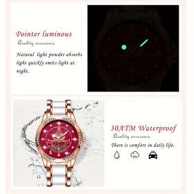 POEDAGAR Women's Luxury Rhinestones Swan Quartz Watch Waterproof Luminous Fashion Date Dial Analog Ceramic Band Wrist Watch