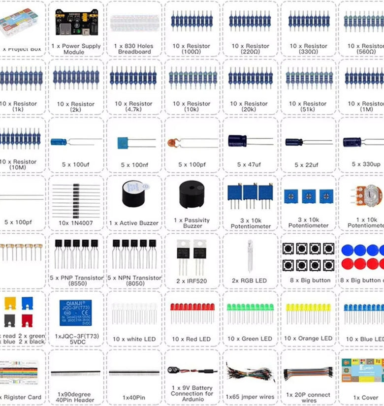 MB-102 830 Hole Breadboard Kit Basic Electronics Component Starter Kit with Power Supply Module Jumper Wire Potentiometer LED Resistors Capacitor for R3 Component Pack