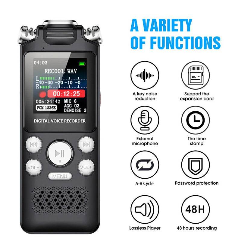1.44-inch Screen Digital Voice Recorder with Voice Activation 48H Recording 35H Playback 16GB 32GB Dual MIC Noise Reduction for Lecture Meeting Interviewing