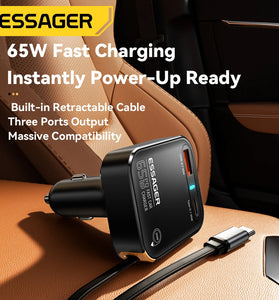 ESSAGER F760 65W 3-Port USB PD Car Charger Adapter with USB-A+Type-C+Type-C Retractable Cable Support PD3.0 QC3.0 AFC FCP PPS iP2.4A Fast Charging for iPhone 16 15 Pro 14 13 12 Pro Max for Huawei Mate XT for Xiaomi 15pro