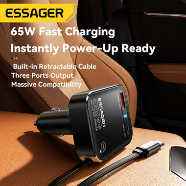 ESSAGER F760 65W 3-Port USB PD Car Charger Adapter with USB-A+Type-C+Type-C Retractable Cable Support PD3.0 QC3.0 AFC FCP PPS iP2.4A Fast Charging for iPhone 16 15 Pro 14 13 12 Pro Max for Huawei Mate XT for Xiaomi 15pro