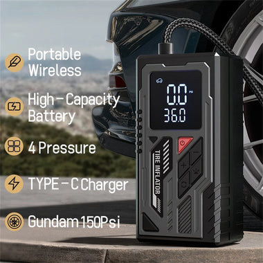 ATJ-026 Portable Wireless Tire Inflator 150 PSI Max 4000mAh Battery Fast Inflation Digital Display LED Light Type-C Charging Versatile Accessories Motorcycles Cars Bicycles Balls