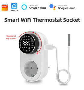 Tuya 1419 Wi-Fi Plug-in Smart Thermostat Socket with Timing Function LED Display Knob-type APP Control Temperature Socket Voice Control with Alexa Google Home