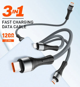 LDNIO LC-94c 100W Type-C to iP/Type-C/Micro USB Cable Fast Charging Data Transmission Copper Core Line 1.2M Long for iPhone 16 15 14 Pro Max for Huawei Mate XT for Xiaomi MIX Fold4 for Samsung Galaxy Z Fold 6