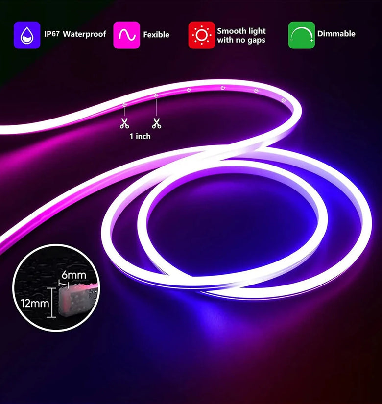 5m 10m Smart Neon Strip RGB LED Neon Light Strip Kit IP67 Waterproof  24V 12W/M Ra92 Flexible LED Strip APP & Remote Control