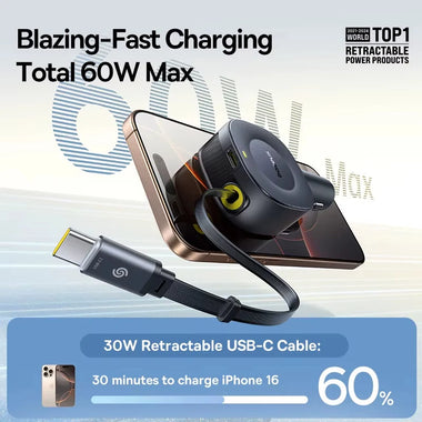 Baseus PrimeTrip VR2 30W 2-Port USB Car Charger Come with Type-C Retractable Cable Fast Charging 360 Rotation for iPhone 17 17Pro 16 15 Pro Max for Huawei Mate XTs for Xiaomi 17pro for VIVO for OPPO